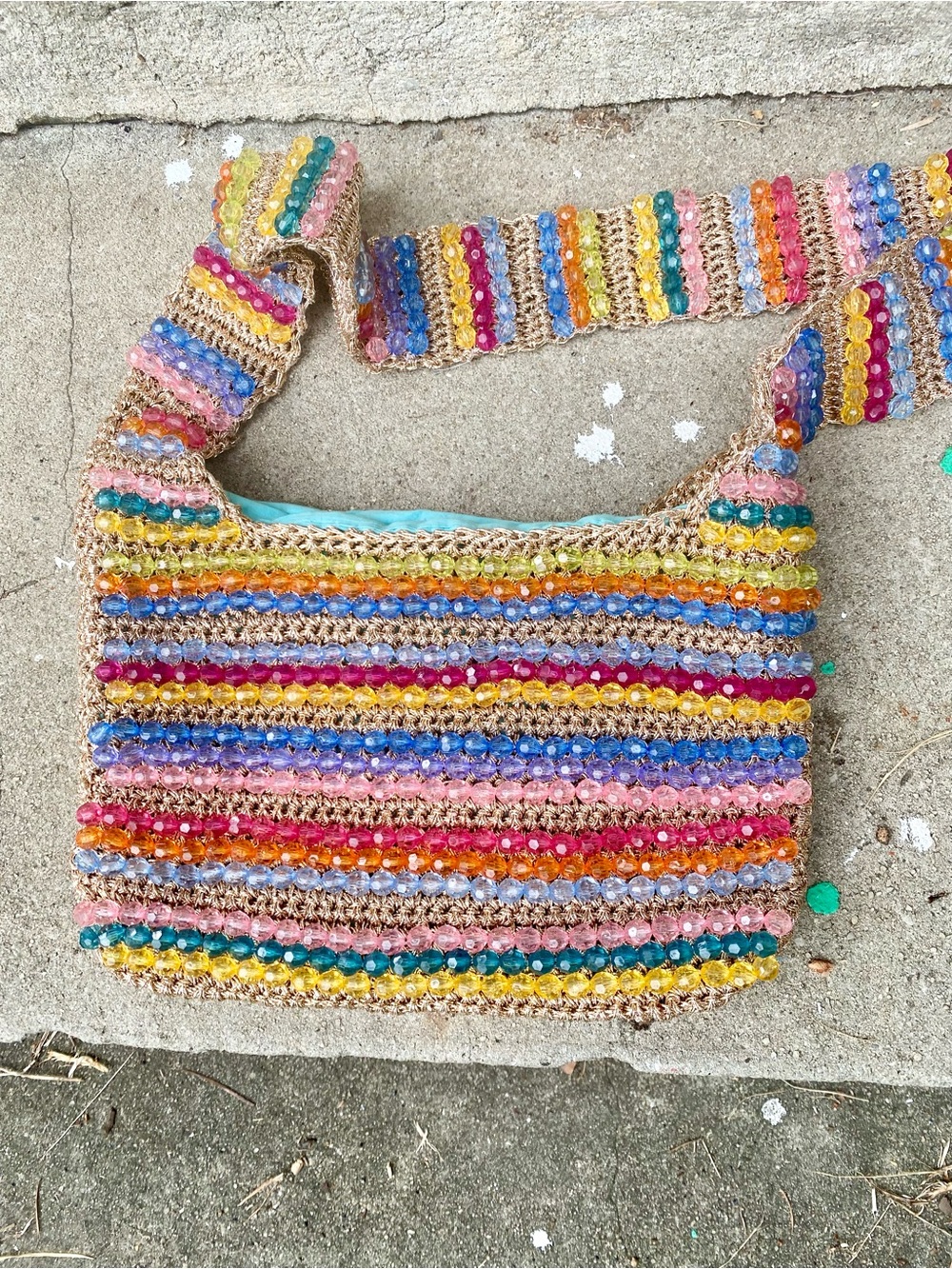 Susan Alexandra Gold Woven + Beaded Bag with Bright Turquoise Lining